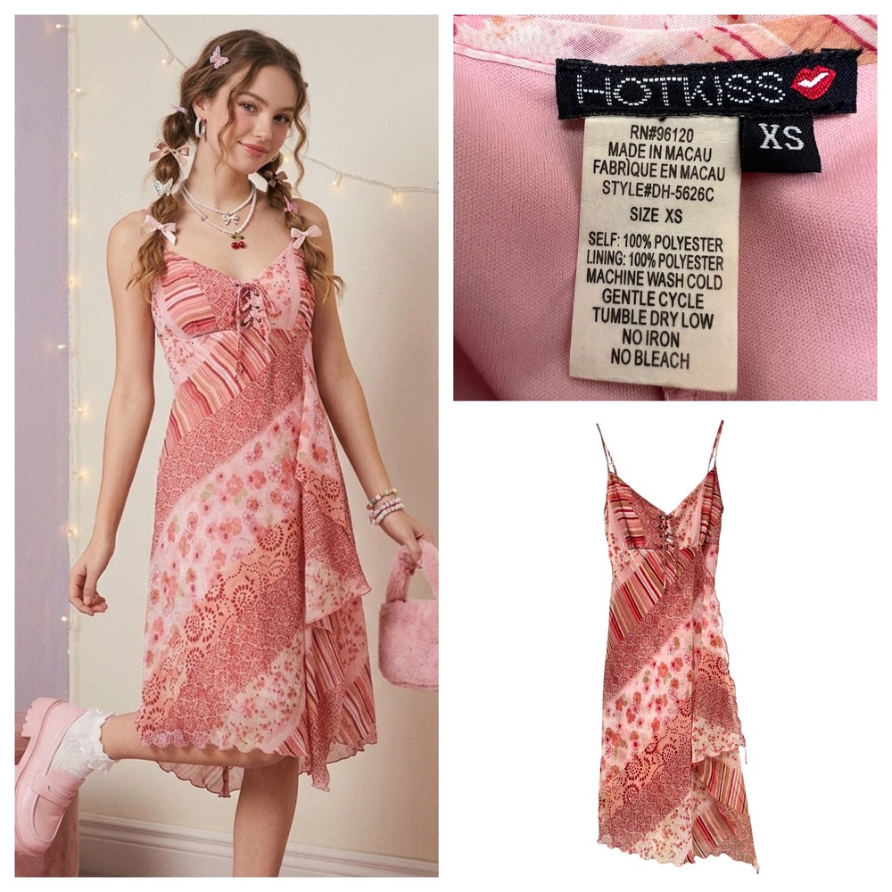 Vintage Hot Kiss Pink Patchwork Mesh Midi Dress Y2K‎ Lace Up Handkerchief Hem XS